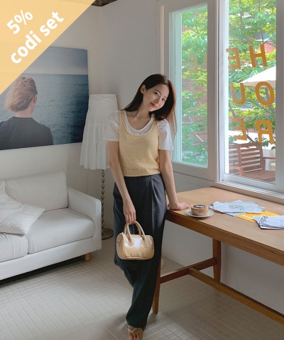 Rich Knit Vest + Core Short Sleeve T-shirt + Salmon Pintuck Slacks Women&#039;s Clothing Shopping Mall DALTT