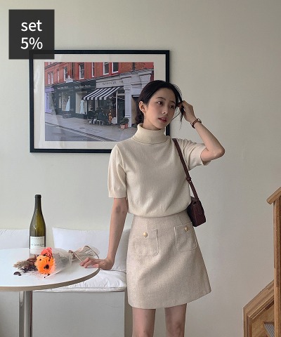 Raccoon Polar Short Sleeve Knit (45% Wool) + Melly Gold Tweed Skirt Women&#039;s Clothing Shopping Mall DALTT